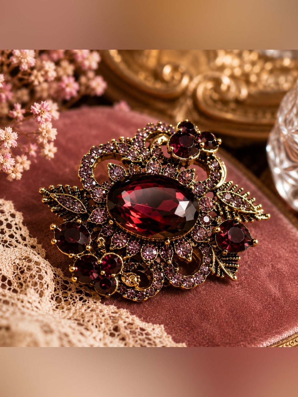Vintage Garnet Red Rhinestone Floral Brooch Gold Tone Purple Crystal Pin Estate